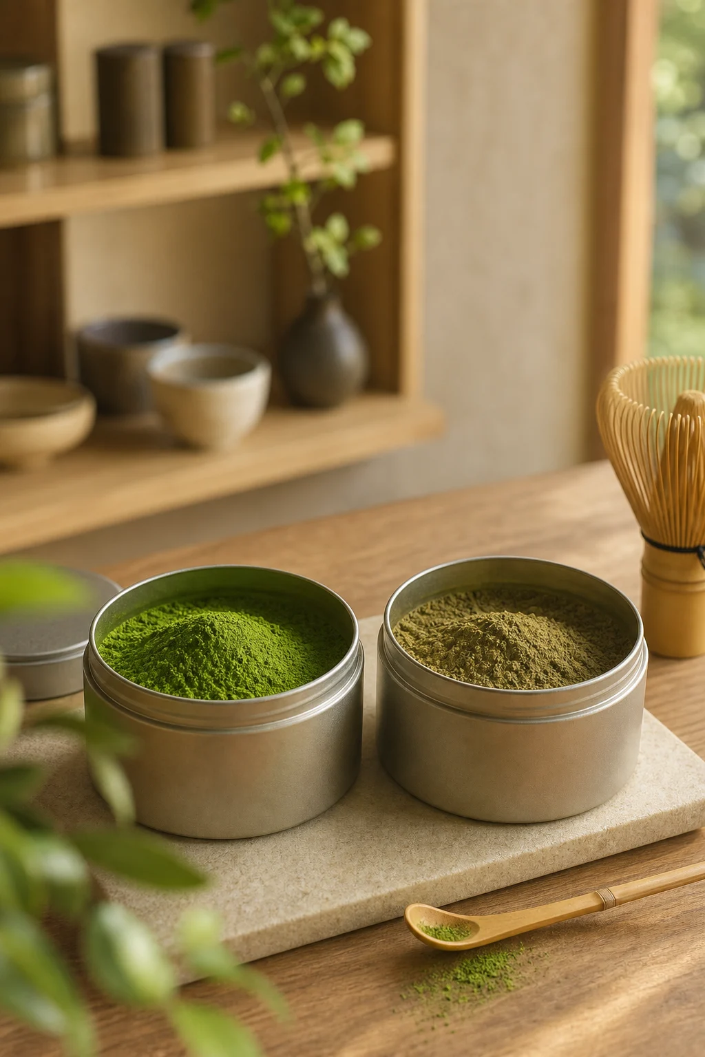 Zwei Behälter mit Matcha-Pulver in verschiedenen Grüntönen auf Holztisch, daneben Bambusbesen und Holzlöffel, im Hintergrund Regal mit Keramik und Pflanzen.