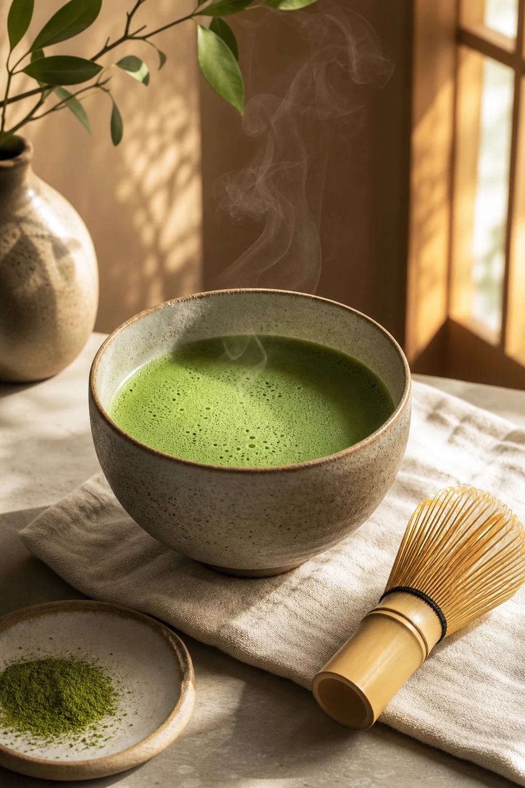 Dampfende Matcha-Tasse in grauer Keramikschale neben Bambusbesen, Matchapulver und Pflanzenvase im warmen Tageslicht.