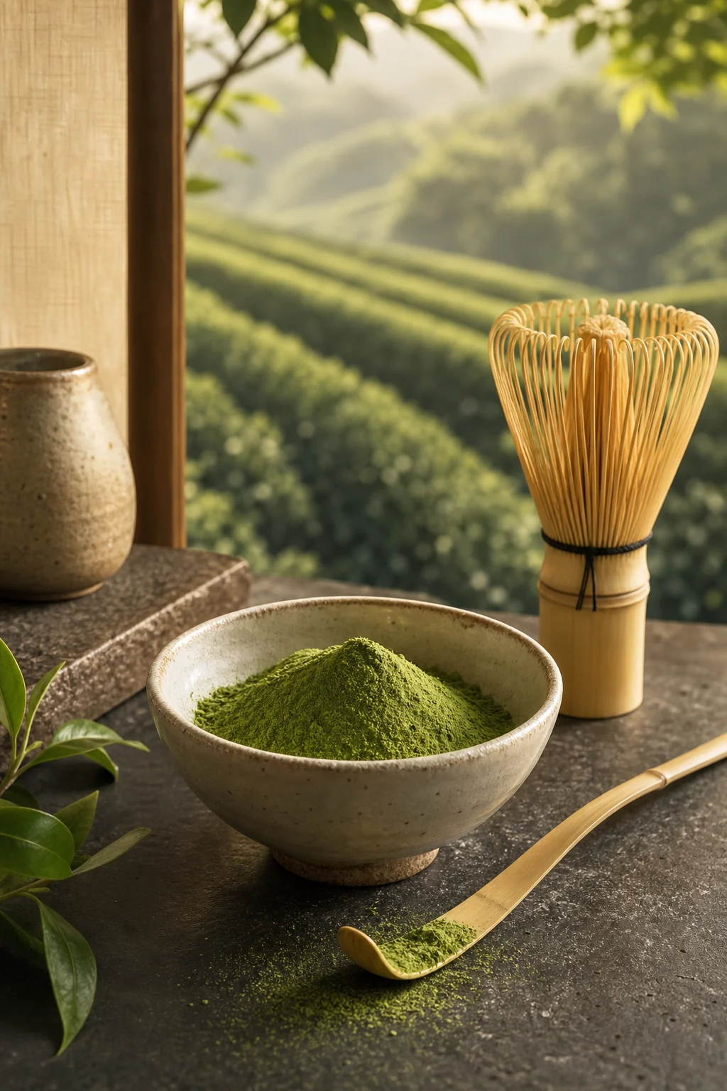Matcha-Pulver in einer Keramikschale mit Bambusbesen, Teelöffel und Teepflanzung im Hintergrund.